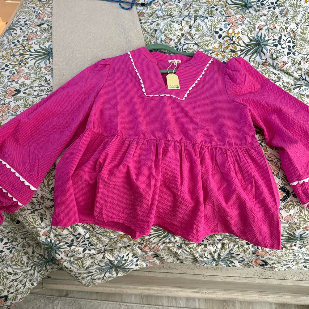 JODIFL Pink and White Blouse with Bell Sleeves